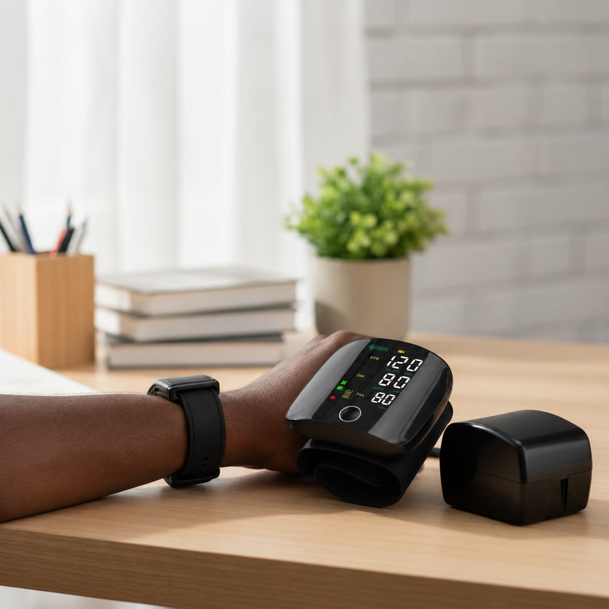 Blood pressure monitor on a wrist at a home desk