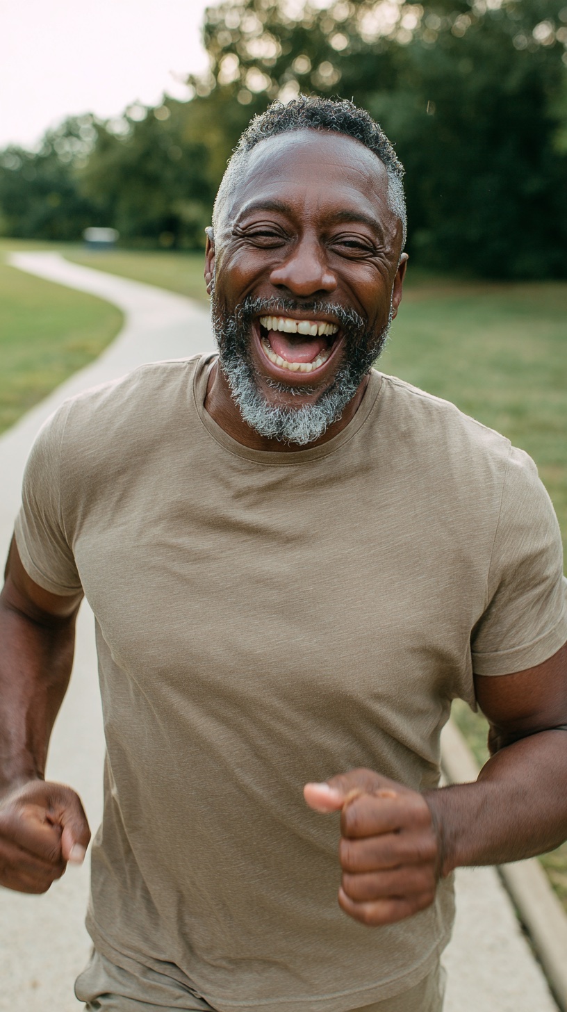 Man jogging outdoors with a joyful, healthy expression