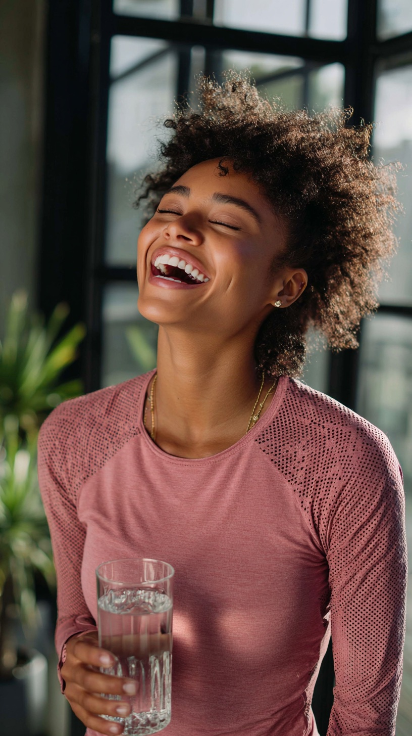 Woman smiling while holding a glass of water